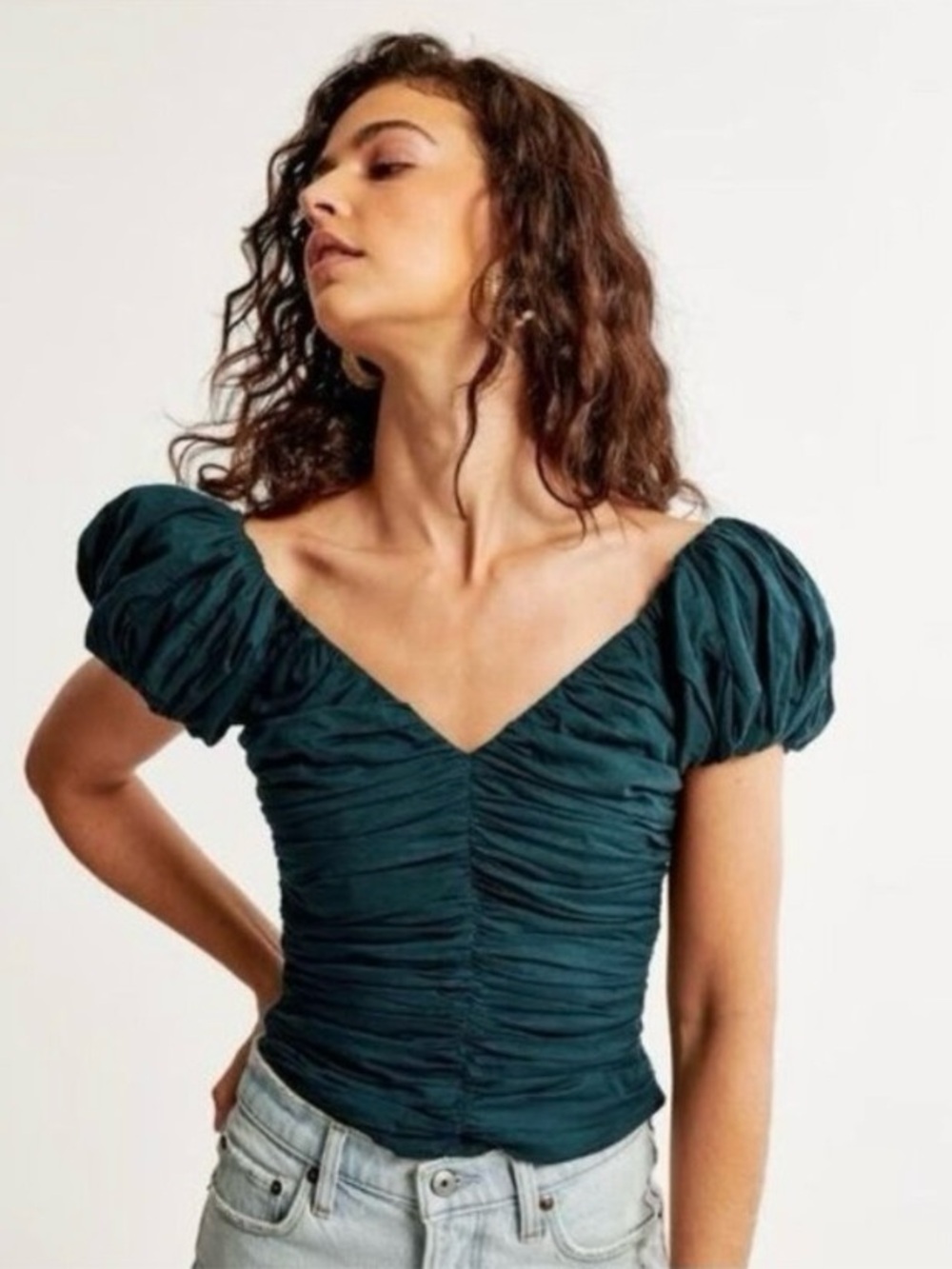 Abercrombie & Fitch Ruched Puff-Sleeve V-Neck Top in Teal
